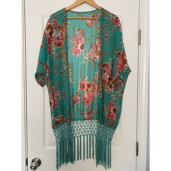 Turquoise Green Floral Open Front Sheer Kimono With Fringe - Picture 1 of 3